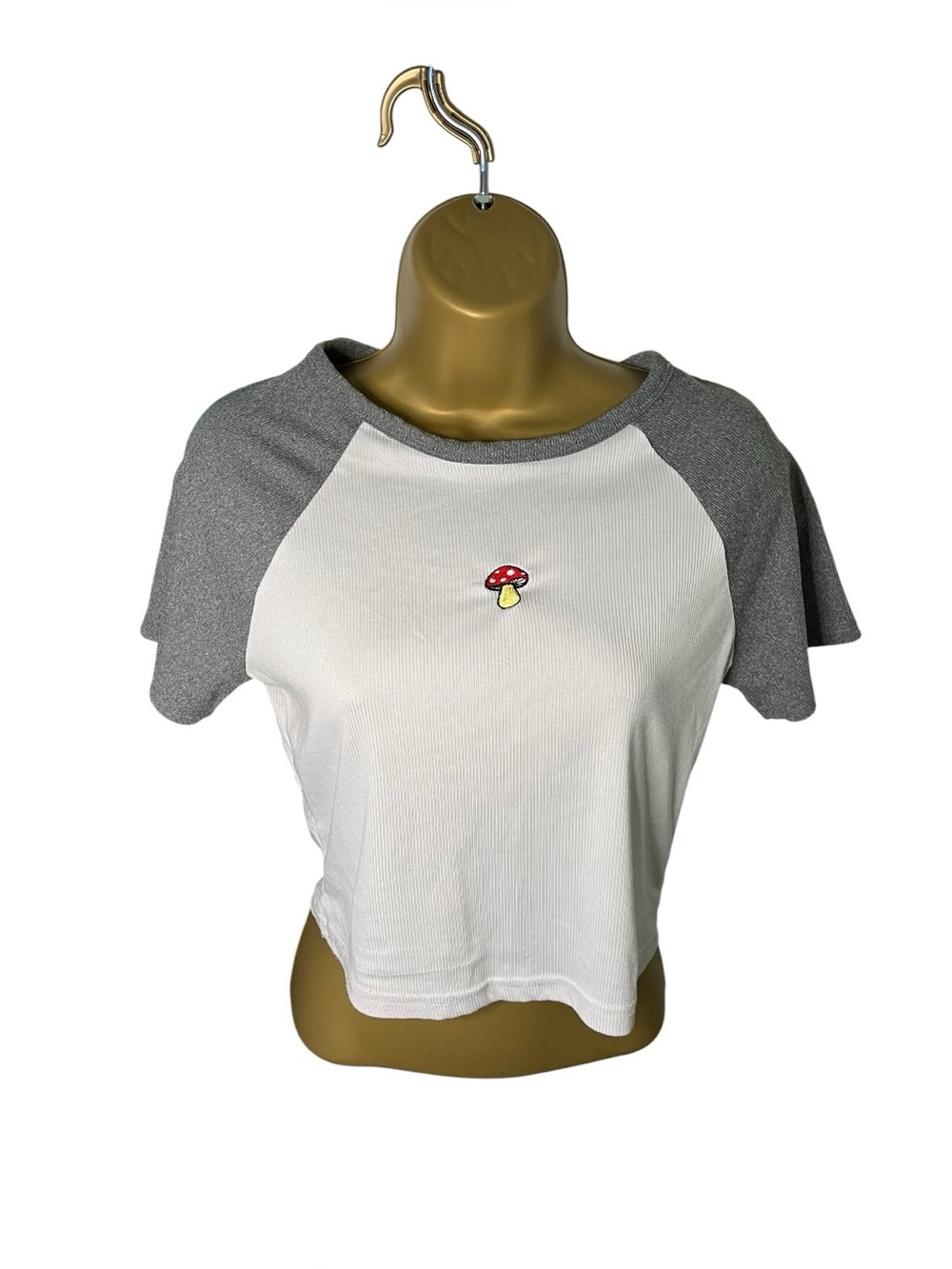 No Comment Ribbed Crop Top Embroidered Mushroom Raglan White Gray L Juniors